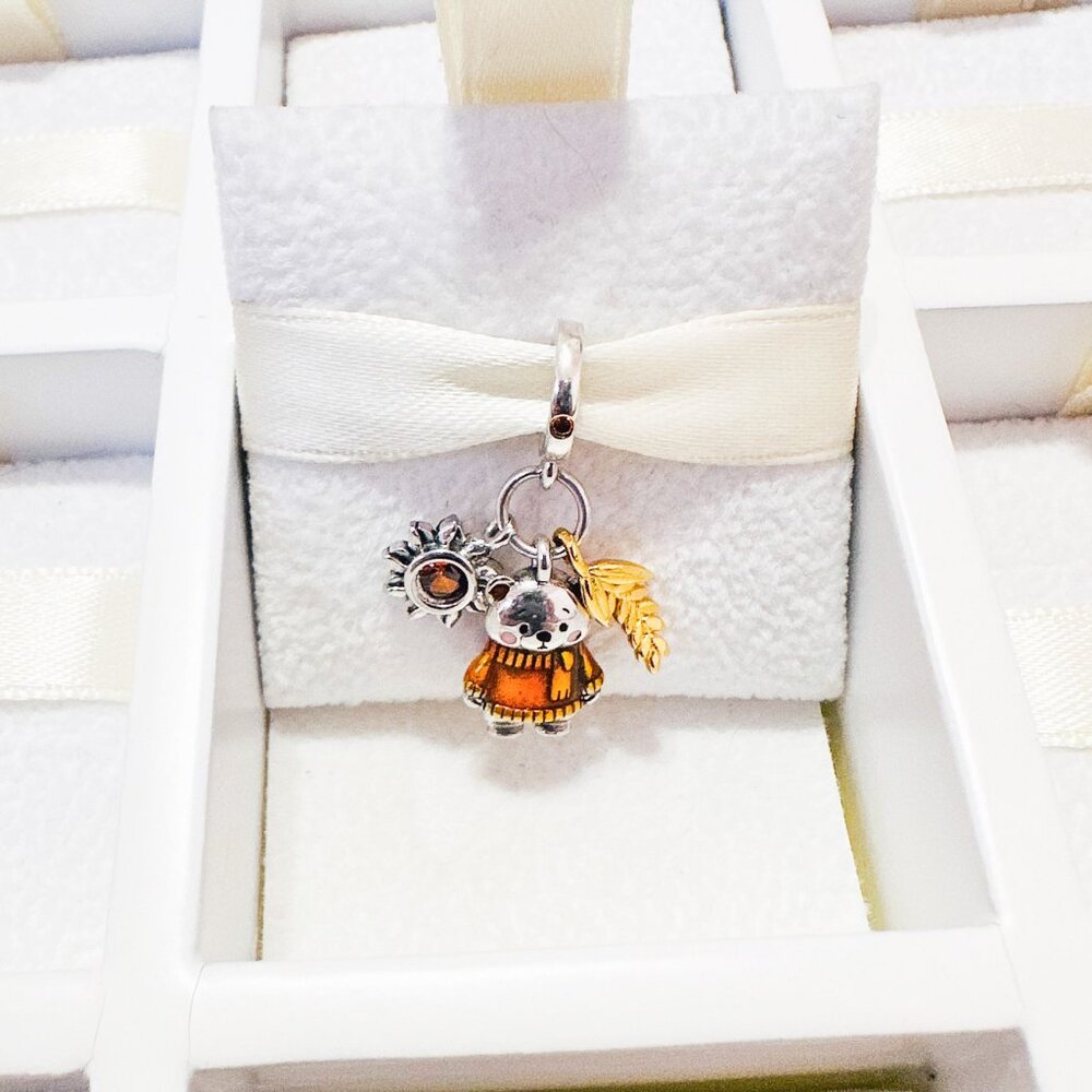 925 Sterling Silver Plated Autumn Bear Charm With Sun And Flower Fits Pandora